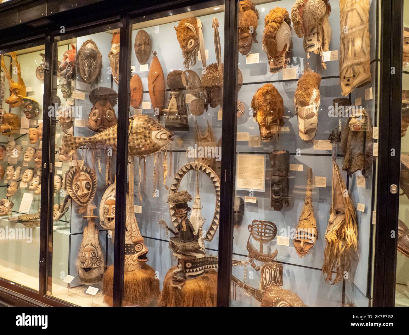 Old face masks in the Pitt Rivers Museum, Oxford, Oxfordshire, UK. Stock Photo