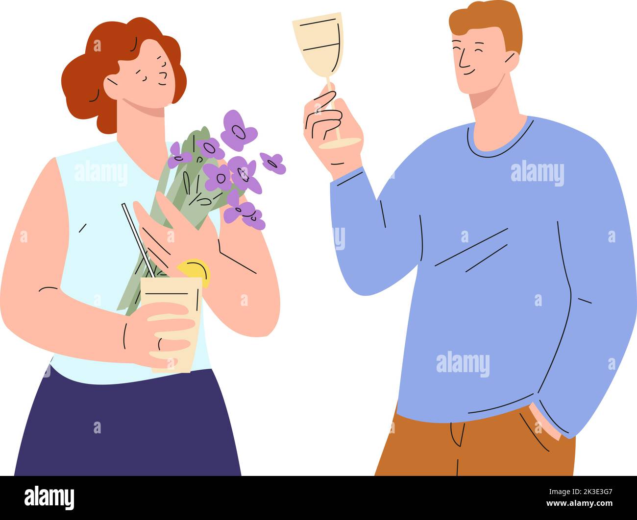 Couple on love date drinking together. Woman hold flower bouquet and cocktail. Happy man with girlfriend, friends meeting or young family. Flirting Stock Vector