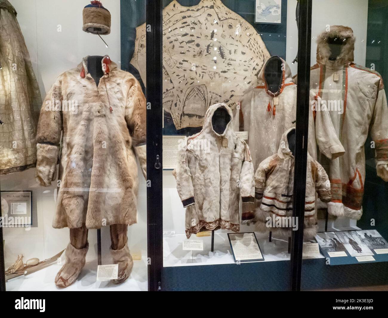 Native American clothing in the Pitt Rivers Museum, Oxford, Oxfordshire, UK. Stock Photo