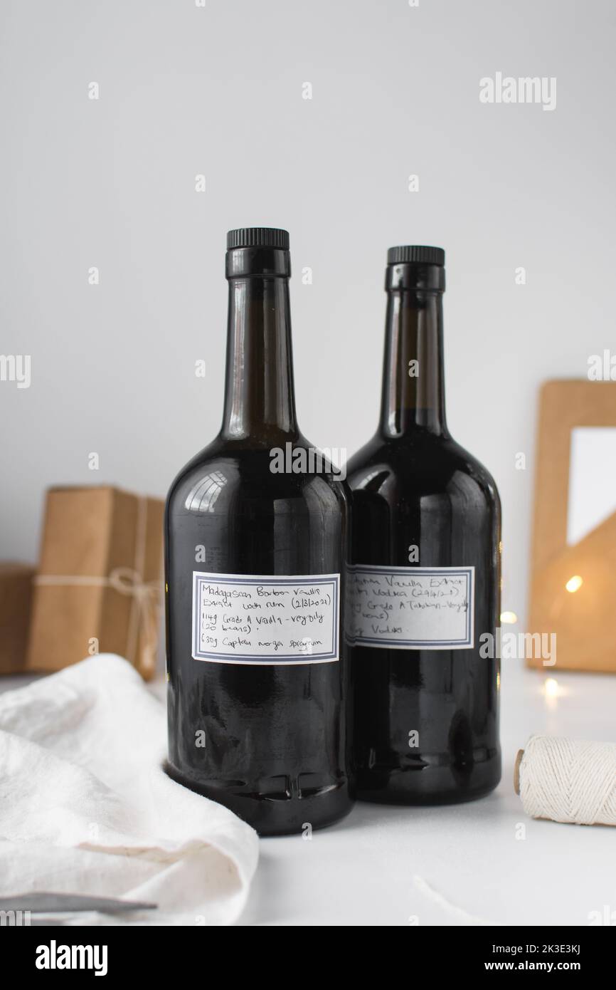 Bottles of homemade vanilla extract, two bottles of homemade vanilla