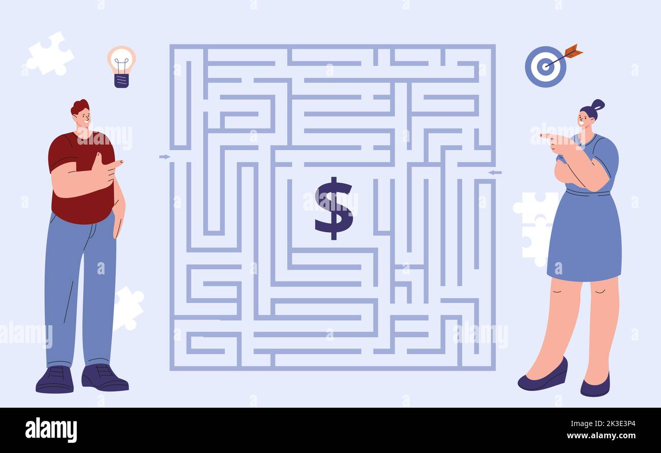 Business people and maze with money goal. Woman and man professional competition, happy flat characters have confused ways to financial well-being Stock Vector