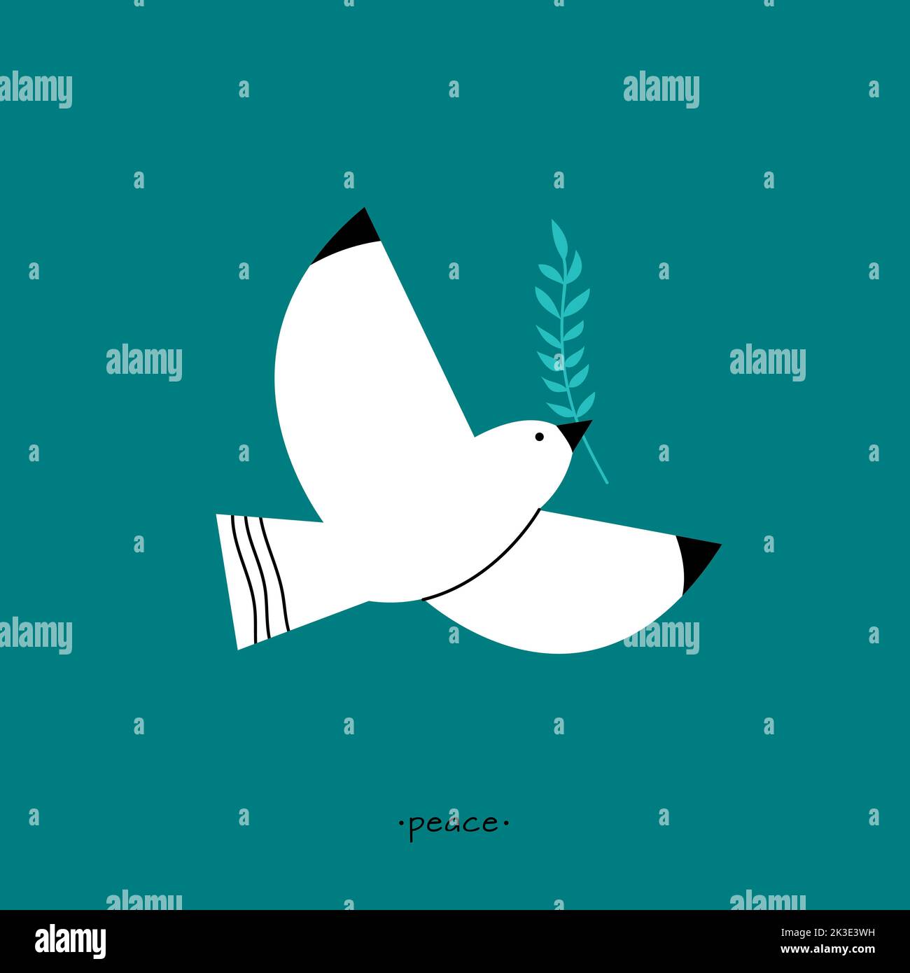 Dove of peace. Flat white pigeon with floral branch. Flying abstract flat bird, seagull postcard. Contemporary trendy fashion animal print, save world Stock Vector