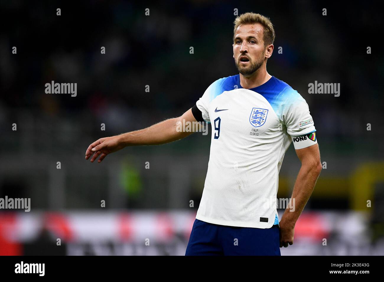 Milan, Italy. 23 September 2022. Harry Kane of England  gestures during the UEFA Nations League football match between Italy and England. Italy won 1-0 over Enlgand. Credit: Nicolò Campo/Alamy Live News Stock Photo