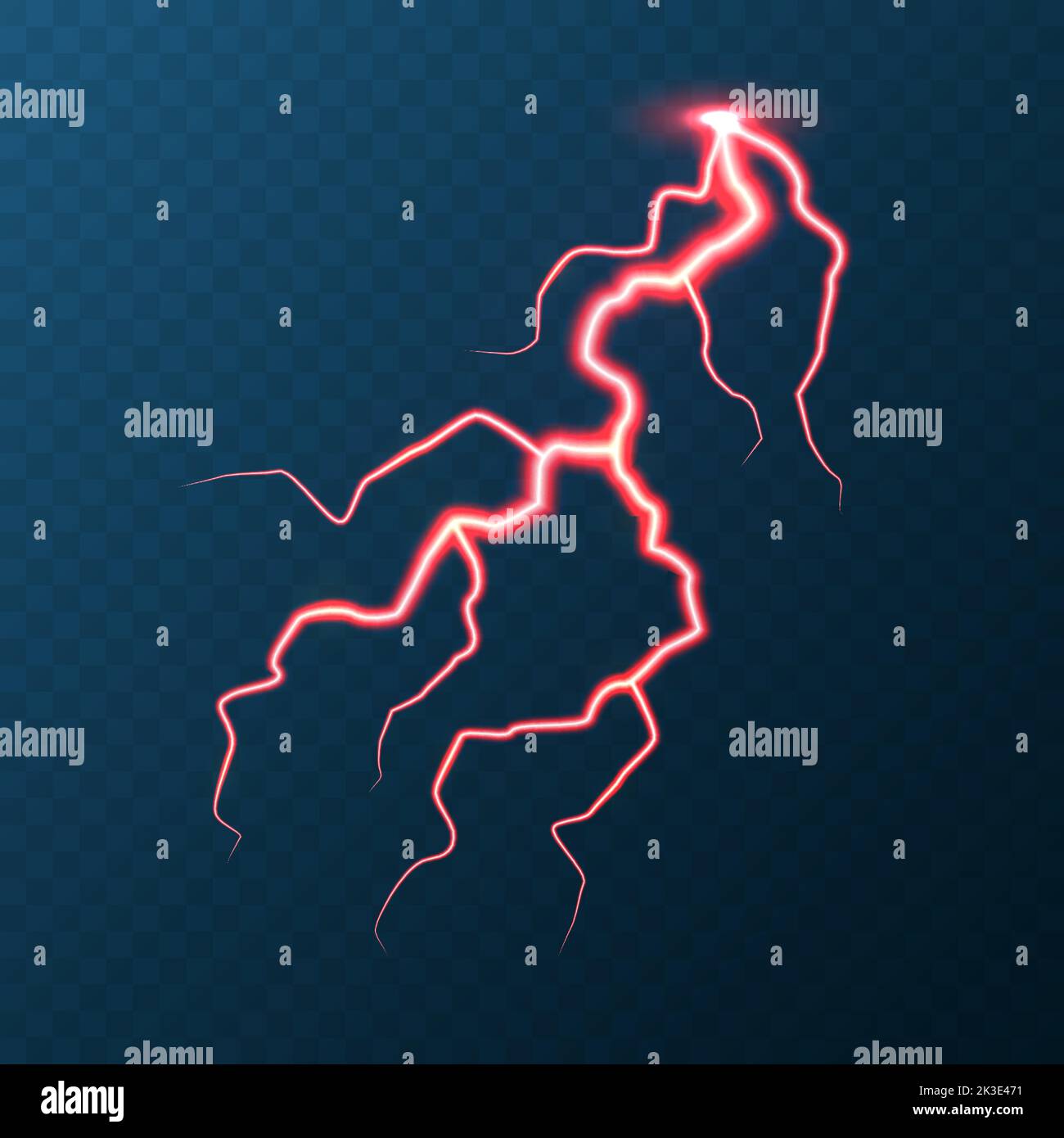 Realistic colorful lightning on blue background. Thunderstorm and
