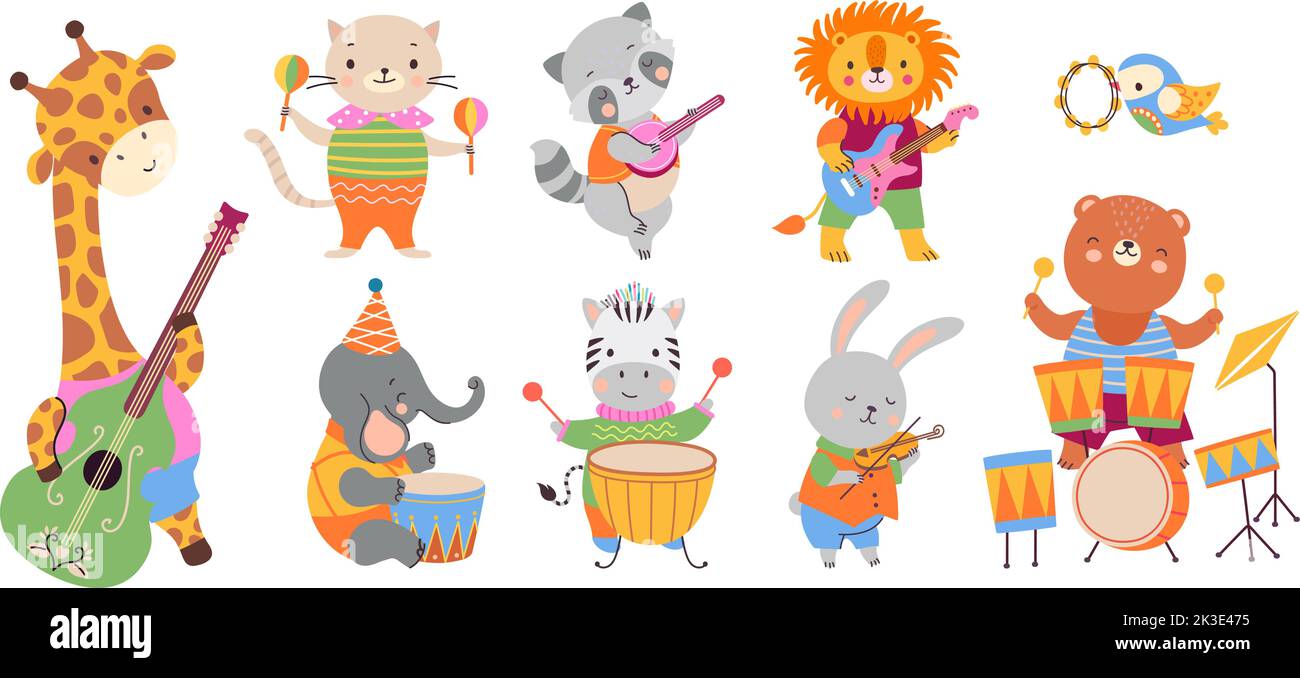 Animal musician party. Wild animals play musical instruments. Cute celebration or festival, cartoon kids characters. Nowaday funny vector musicians Stock Vector