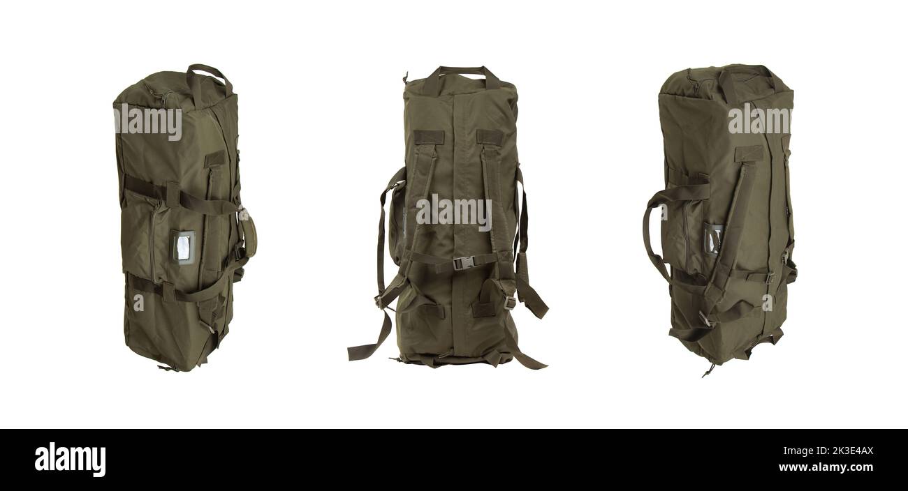 Green sport bag isolated on white background. Travel bag. Military bag