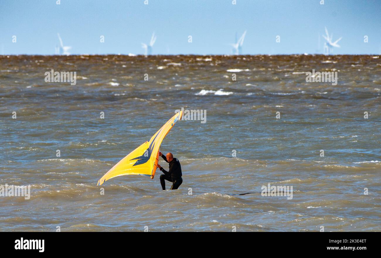 Morecambe, Lancashire, UK. 26th Sep, 2022. Wind surfing on a blustery but sunny day at Morecambe, Lancashire. Credit: John Eveson/Alamy Live News Stock Photo