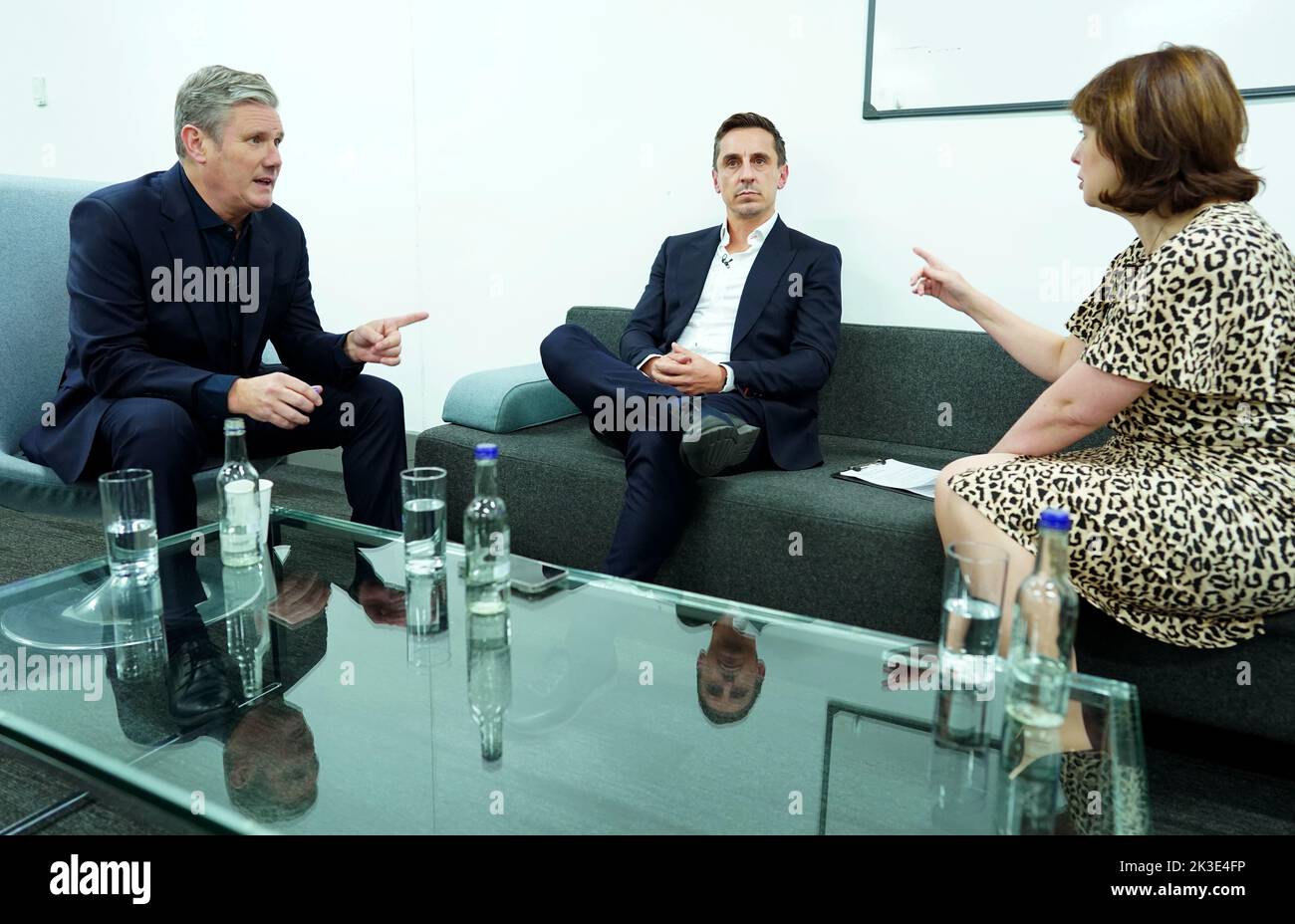 Labour leader Sir Keir Starmer (left) and shadow culture secretary Lucy Powell (right) with former footballer Gary Neville before speaking at the Labour Party Conference at the ACC Liverpool. Picture date: Monday September 26, 2022. Stock Photo