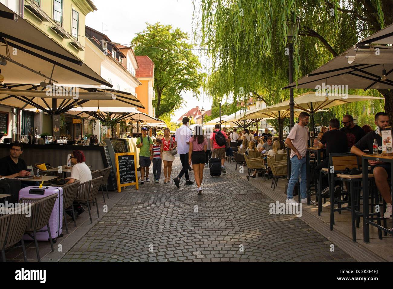 Ljubljana, Slovenia September 3rd 2022. A busy pedestrianised road with bars and restaurants