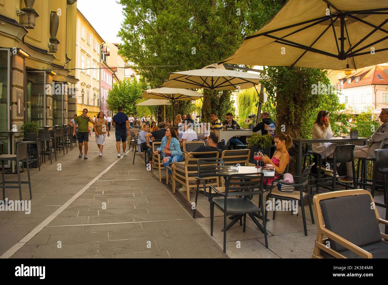 Ljubljana, Slovenia September 3rd 2022. A busy pedestrianised road with bars and restaurants