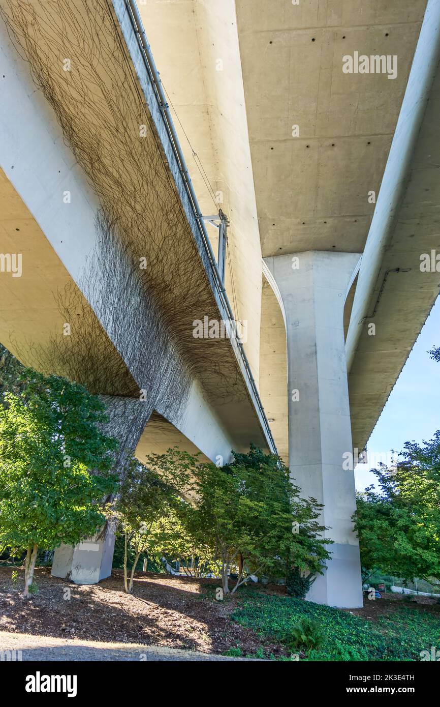 Beneath the Interstate 90 bridges in Seattle, Washington. Stock Photo