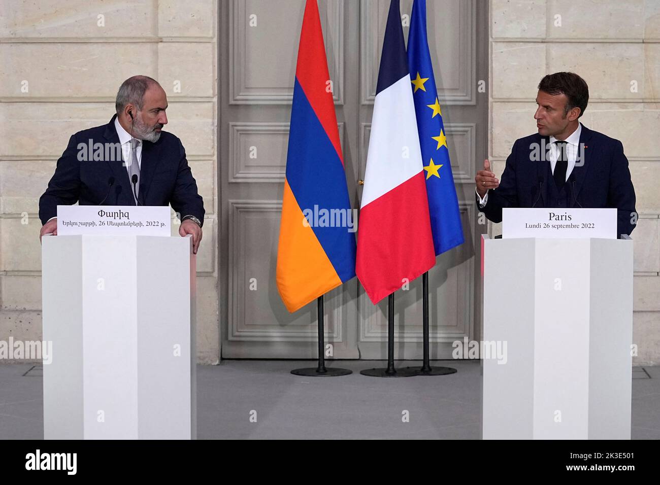 French President Emmanuel Macron and Armenian Prime Minister Nikol Pashinyan attend a joint press conference Monday, Sept. 26, 2022 at the Elysee Palace in Paris, France.  Michel Euler/Pool via REUTERS Stock Photo