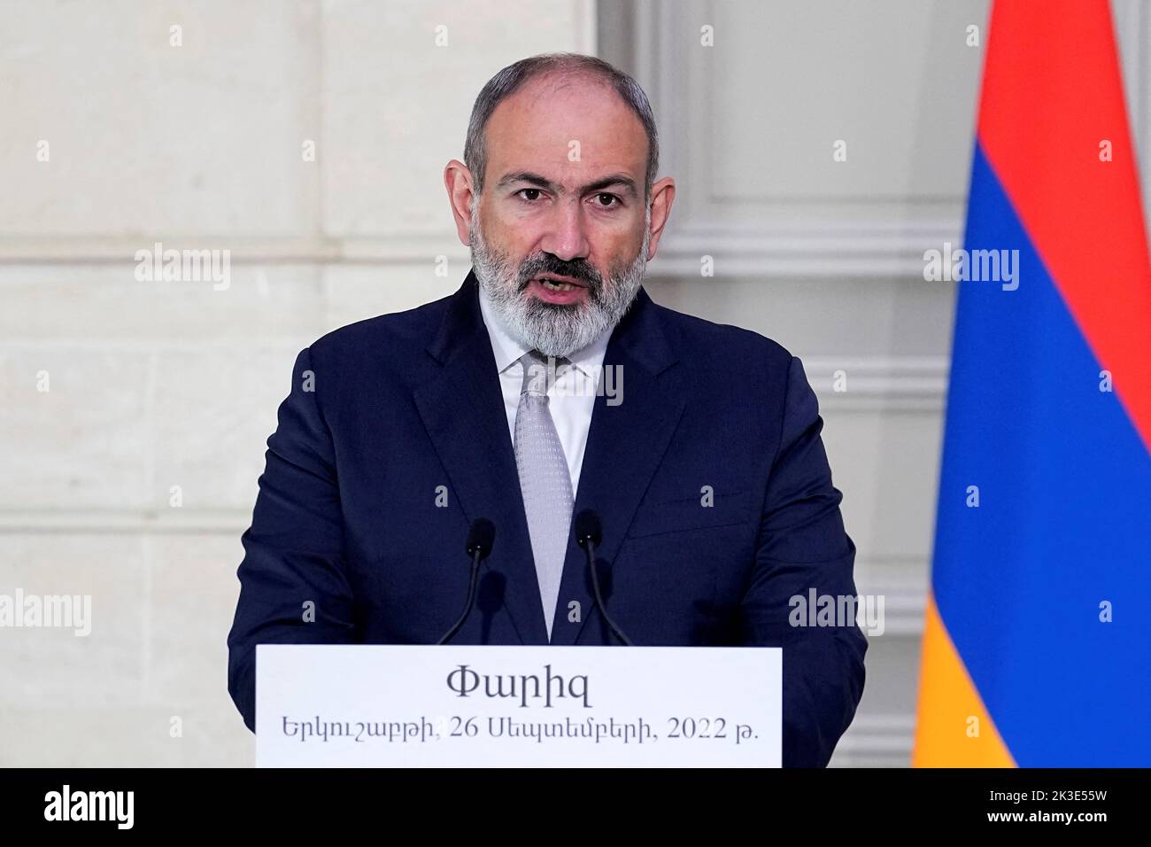 Armenian Prime Minister Nikol Pashinyan speaks during a joint press conference with French President Emmanuel Macron, Monday, Sept. 26, 2022 at the Elysee Palace in Paris, France.  Michel Euler/Pool via REUTERS Stock Photo