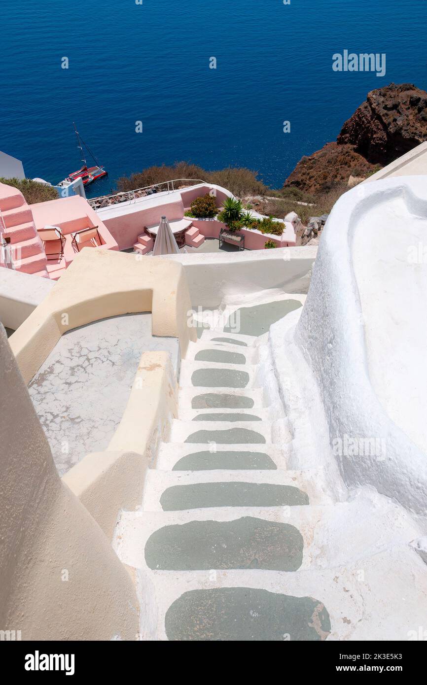 A typical stairway on santorini leading down to various hotels, homes, restaurants and shops. Stock Photo