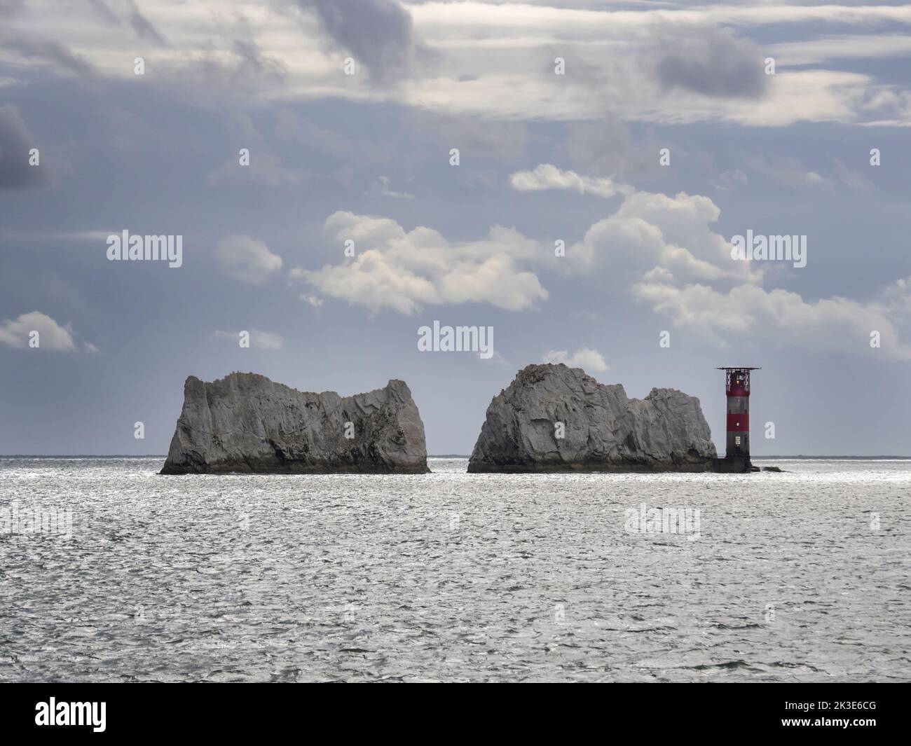 The Needles, a group of chalk stacks on the west tip of the Isle of White, UK. Stock Photo