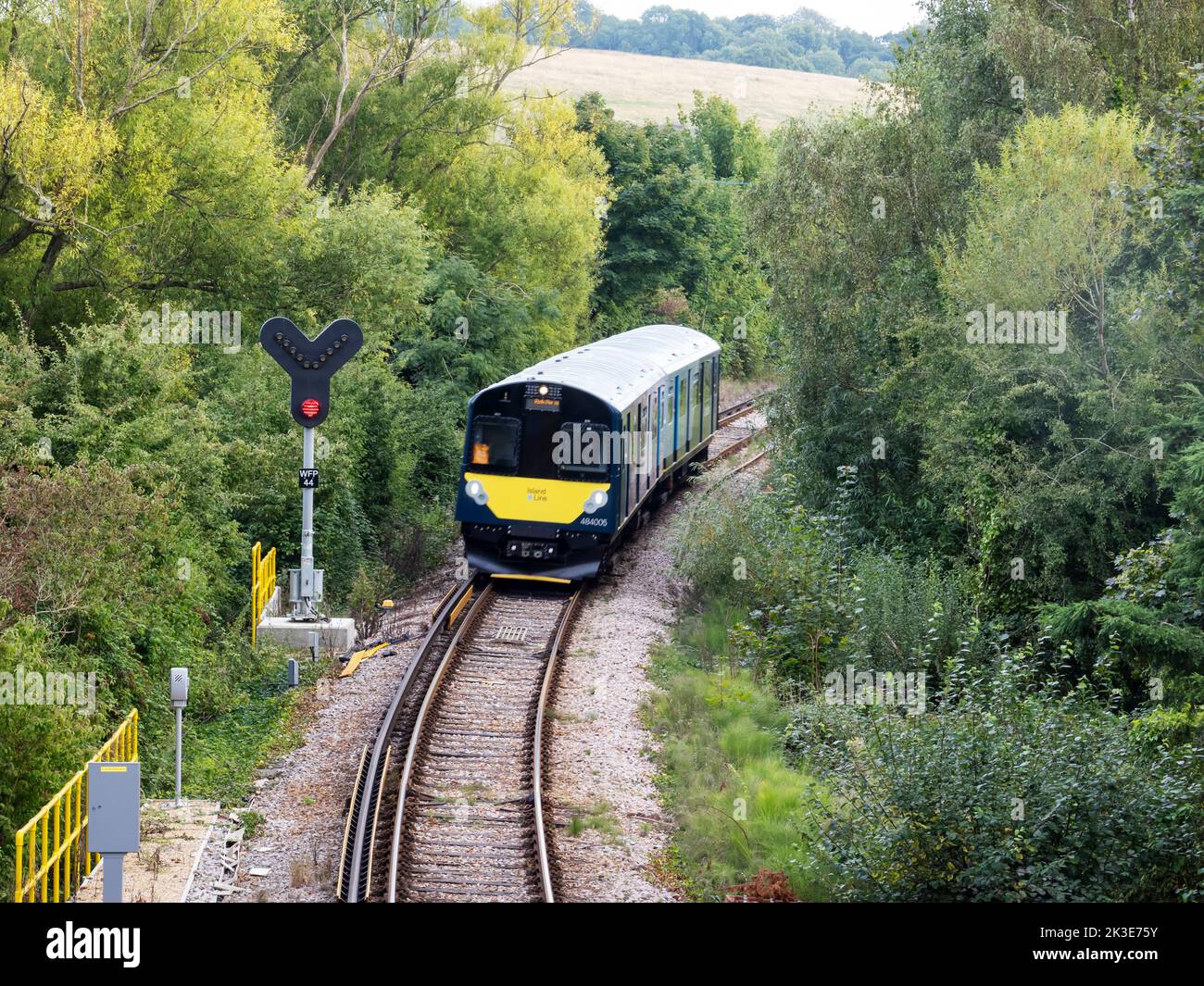 A train on the Isle of White railway at Brading, UK. Stock Photo