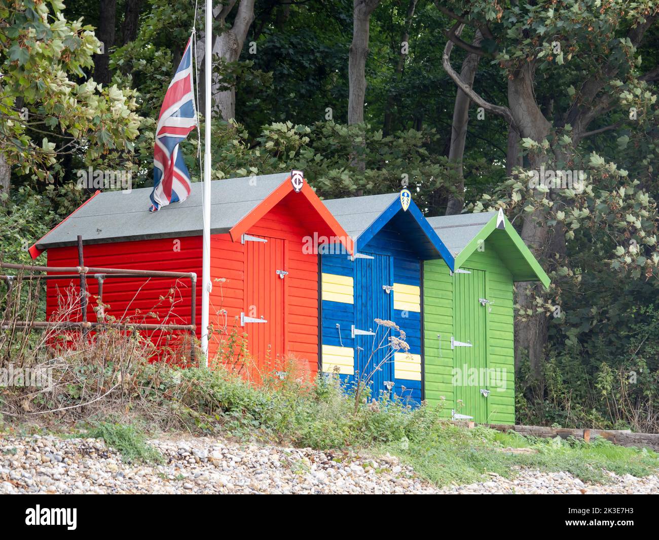 Colourful beach huts at Benbridge on the east of the Isle of White, UK. Stock Photo