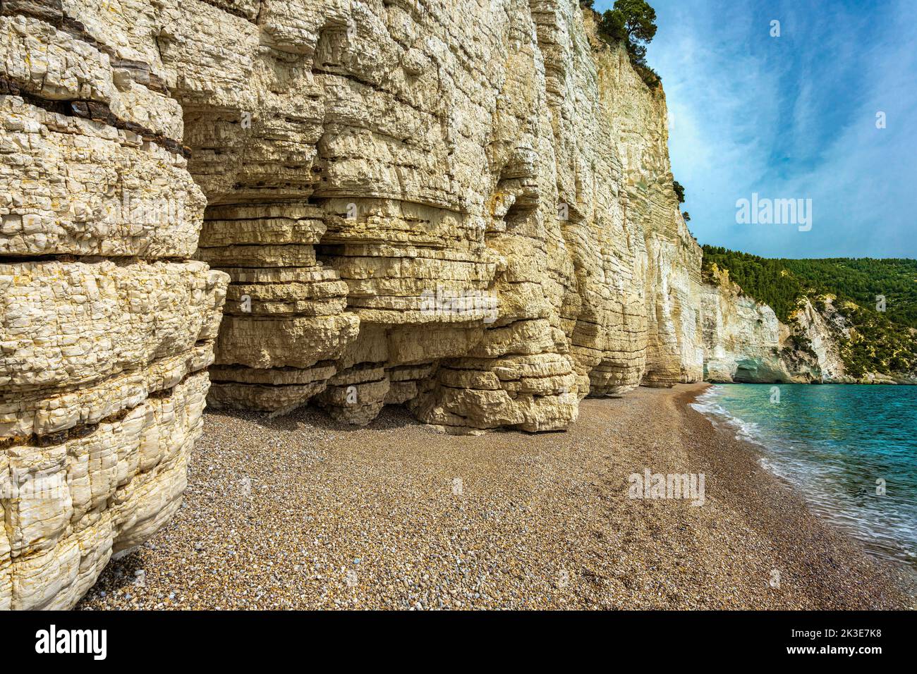 The high and white limestone cliff of Vignanotica beach in Puglia. Vieste, Foggia province, Puglia, Italy, Europe Stock Photo