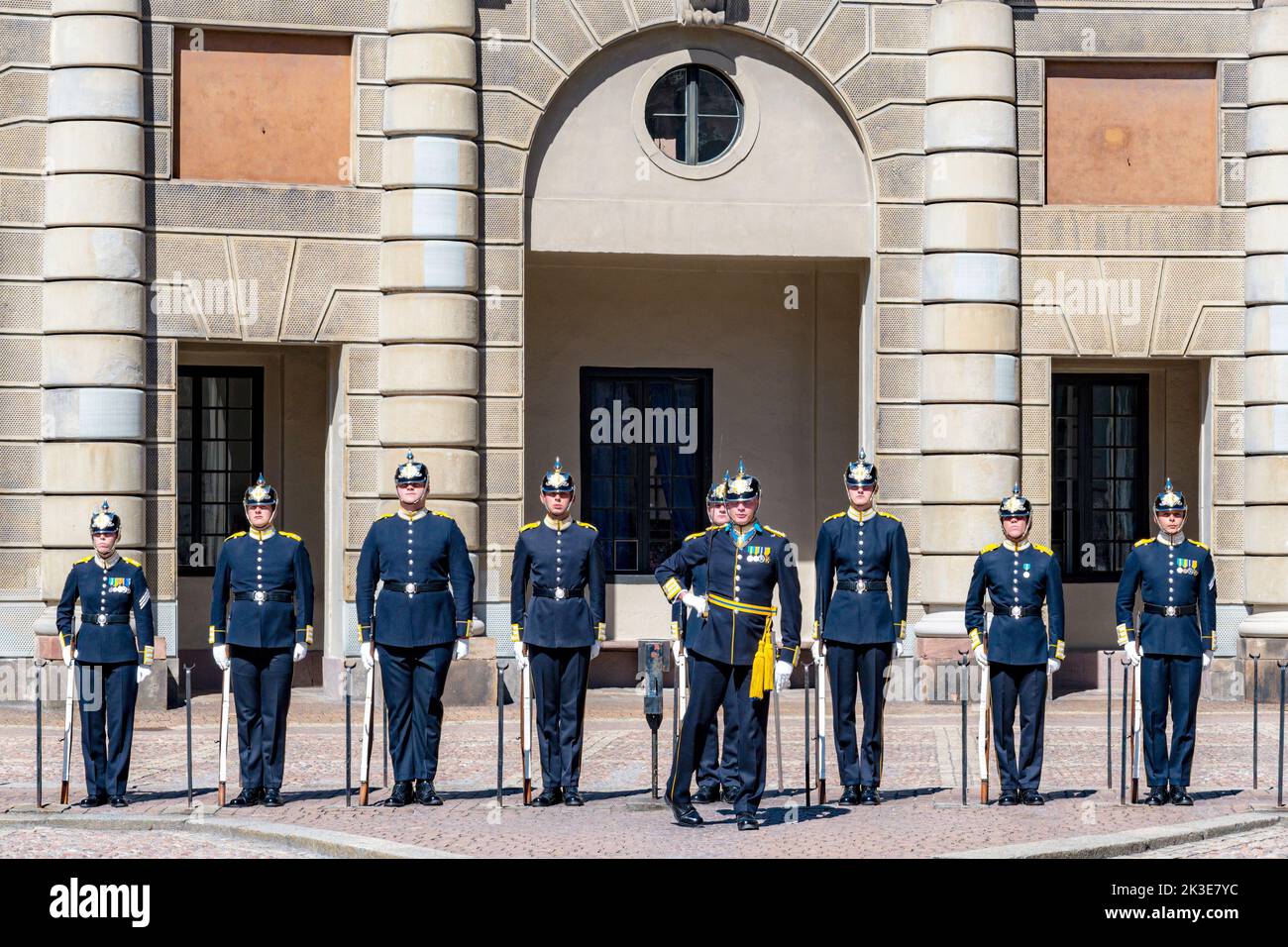 STOCKHOLM, SWEDEN - JULY 31, 2022: Guards at the royal palace in the gamla stan area of the city. Stock Photo