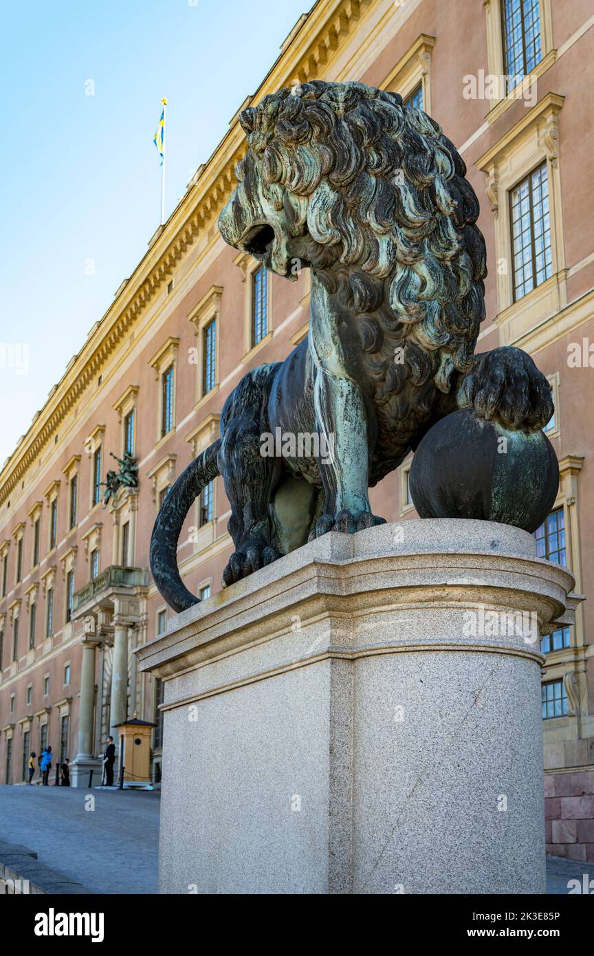 STOCKHOLM, SWEDEN - JULY 31, 2022: Lion Statue at the royal palace in the gamla stan area of the city. Stock Photo