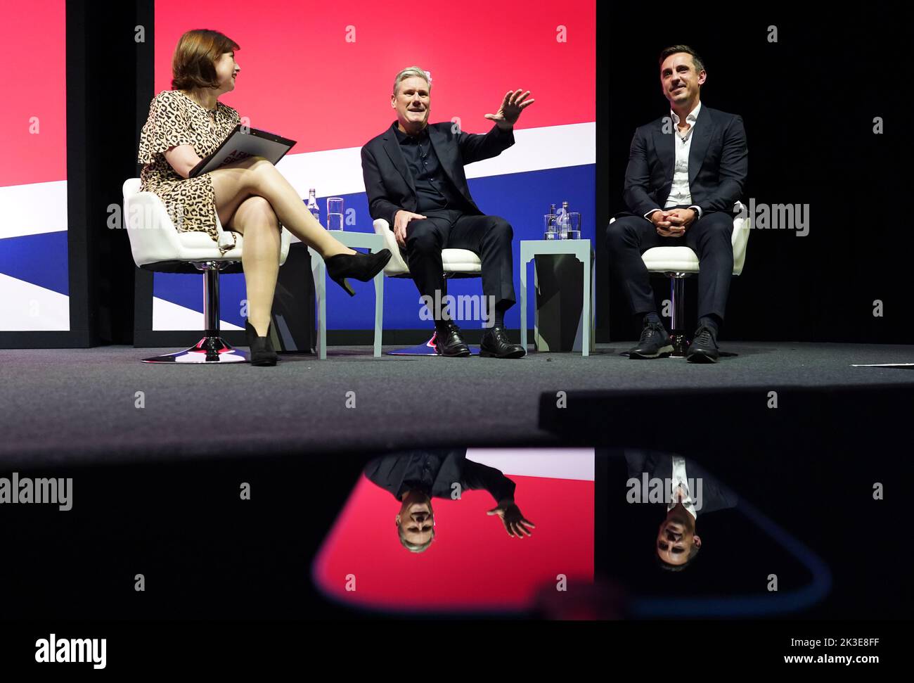 Shadow culture secretary Lucy Powell (left), Labour leader Sir Keir Starmer (centre) and former footballer Gary Neville (right) speaking at the Labour Party Conference at the ACC Liverpool. Picture date: Monday September 26, 2022. Stock Photo