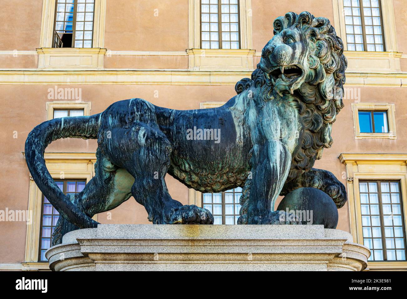 STOCKHOLM, SWEDEN - JULY 31, 2022: Lion Statue at the royal palace in the gamla stan area of the city. Stock Photo