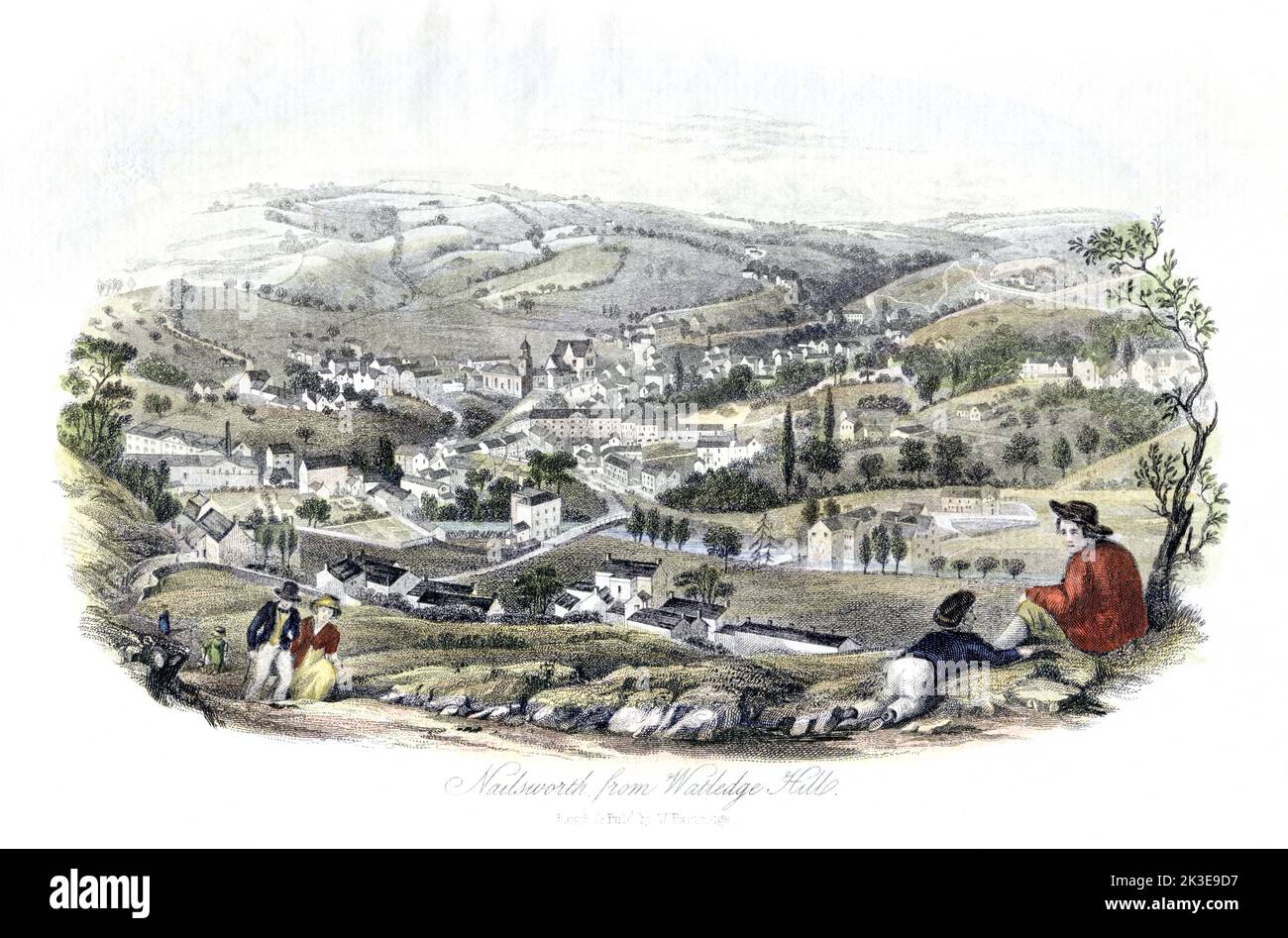 A coloured engraving of Nailsworth (Gloucestershire) from Watledge Hill, Engraved & Published by W. Partridge dating from somewhere around 1855. Stock Photo