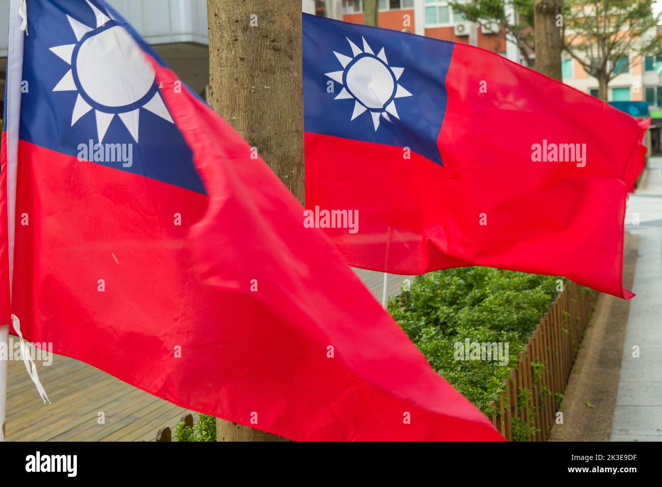 Taiwan Republic of China flags blowing in wind Stock Photo Alamy