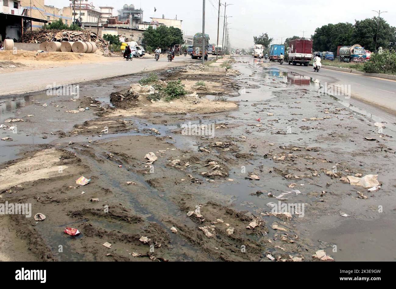 Hyderabad, Pakistan, September 26, 2022. Inundated road by overflowing