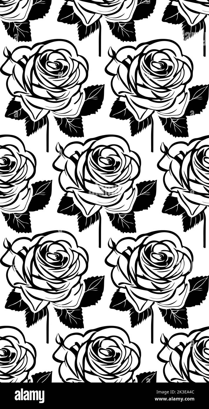 Seamless vector line art pattern made of black hand drawn roses flowers ...
