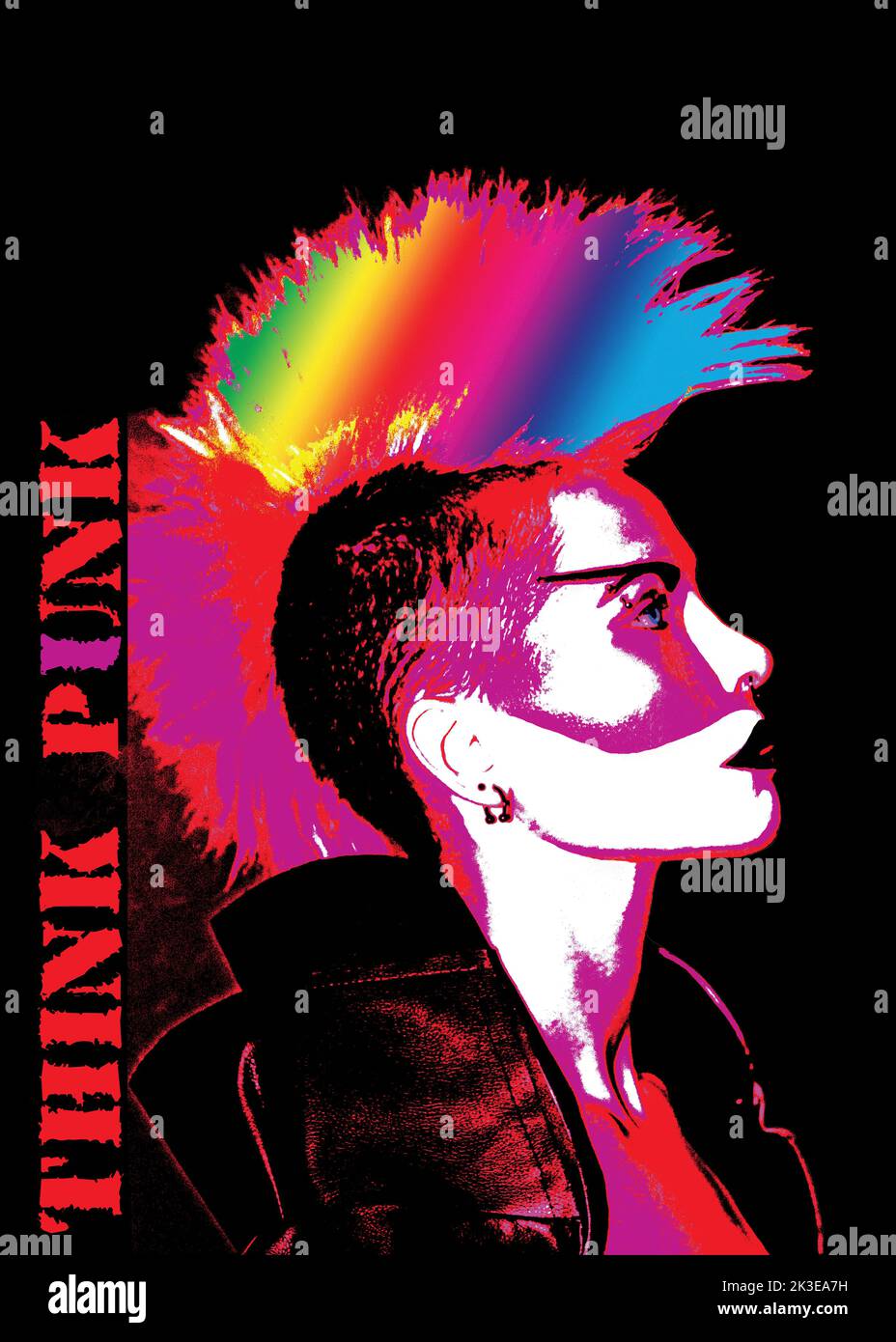 Punk girl a Mohawk hairstyle in rainbow colors over black background like a poster.Think punk text. Rebel girl. Lady,girl,feminism print for t-shirt. Stock Photo