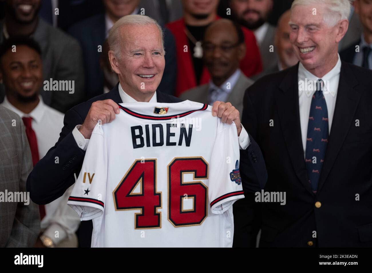Washington, United States. 26th Sep, 2022. United States President Joe Biden poses for photos with a team jersey presented to him during a ceremony welcoming the Atlanta Braves to the White House in Washington, DC to celebrate their 2021 World Series championship, September 26, 2022. Photo by Chris Kleponis/UPI Credit: UPI/Alamy Live News Stock Photo