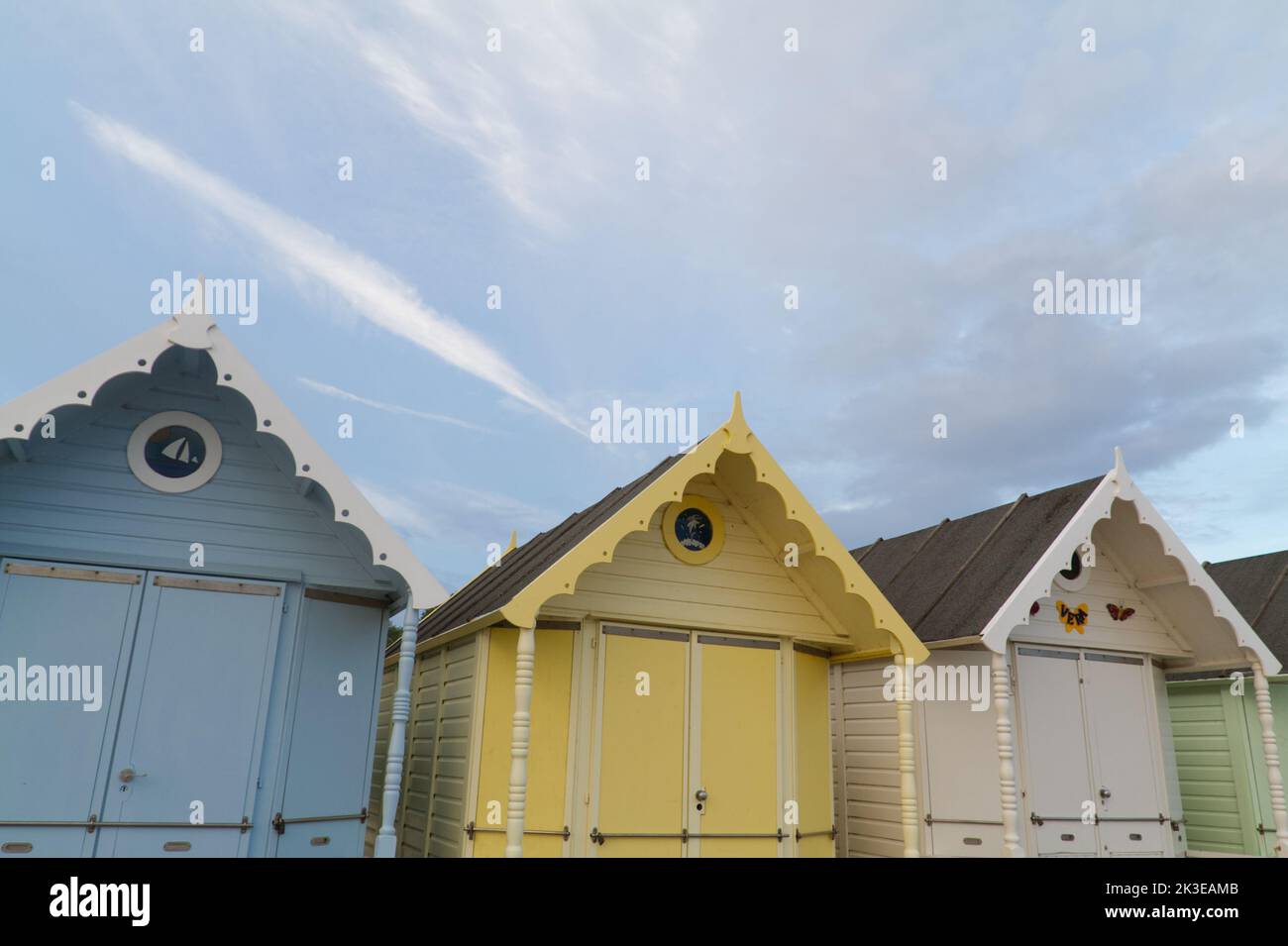 Close up of some on the tops of the beach huts at West Mersea on Mersea Island in Essex. Stock Photo