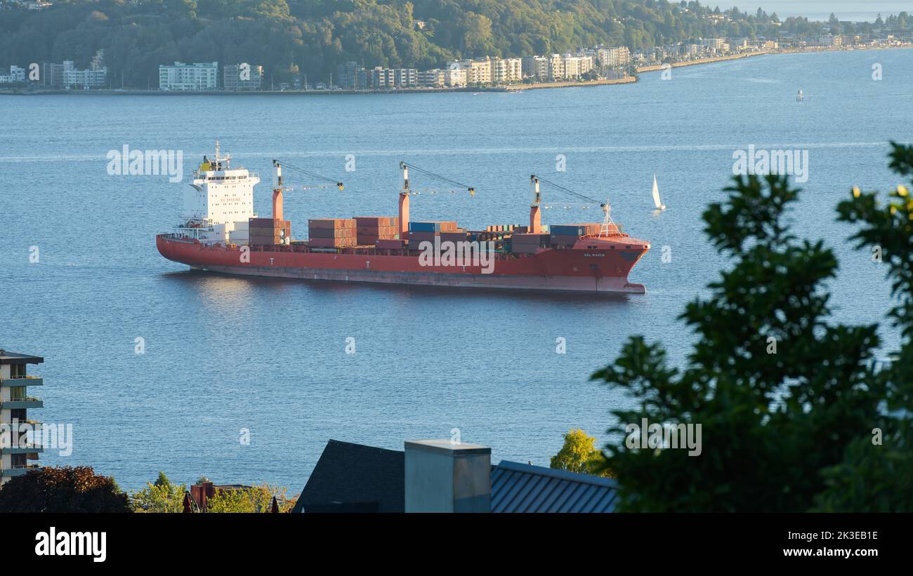 Seattle - September 07, 2022; Container ship GSL Maren anchored in Elliott Bay Seattle Stock Photo