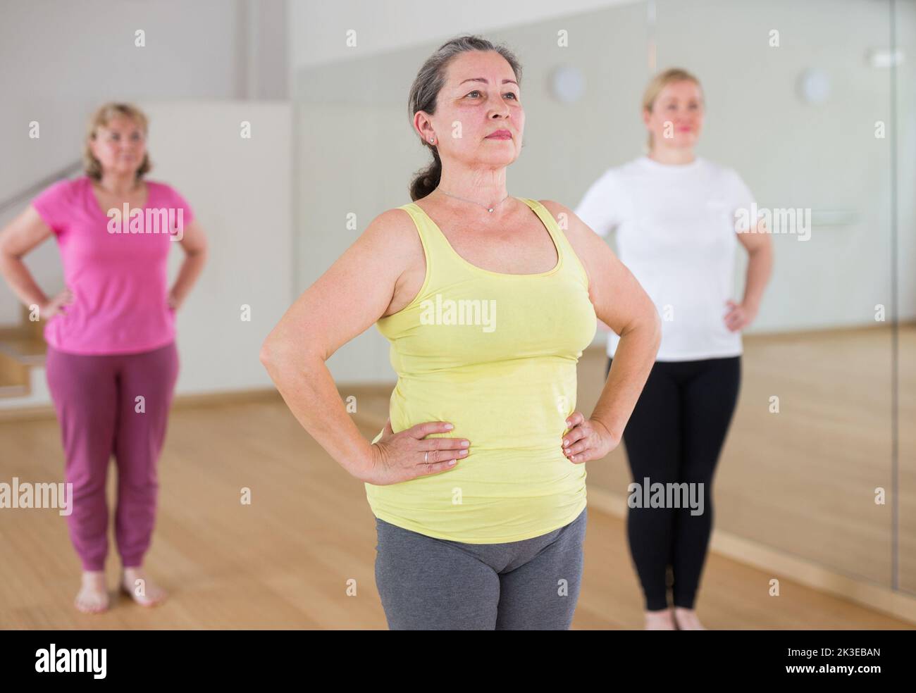 Three aged women are training Stock Photo