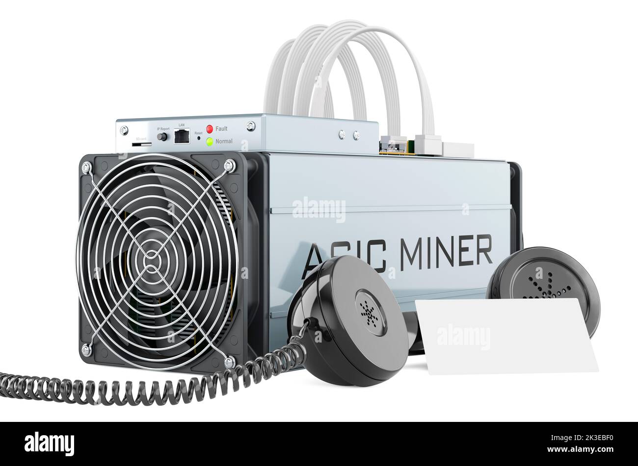 ASIC miner with blank business card and retro phone receiver. 3D rendering isolated on white background Stock Photo