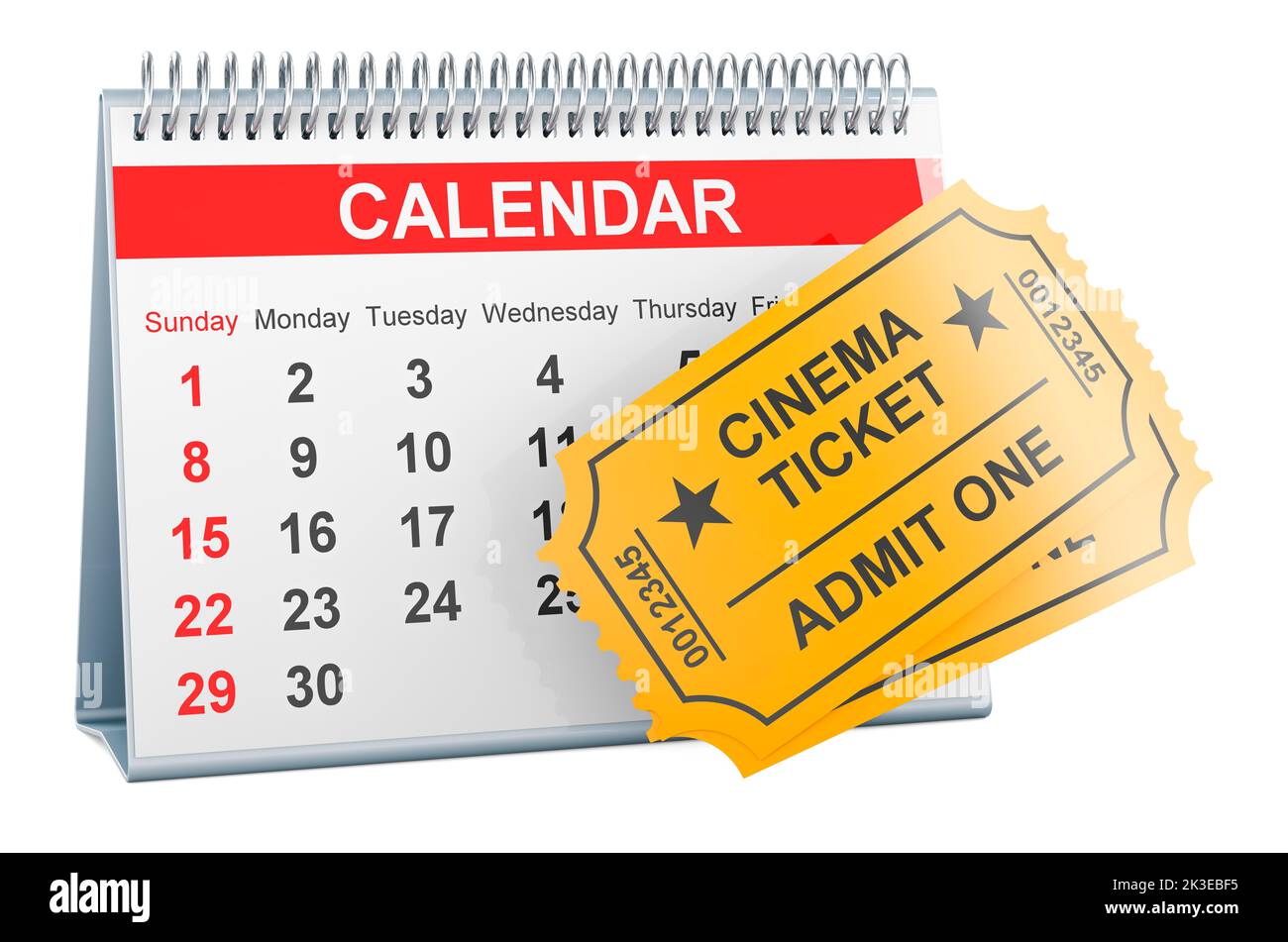 Cinema tickets with desk calendar, 3D rendering isolated on white background Stock Photo