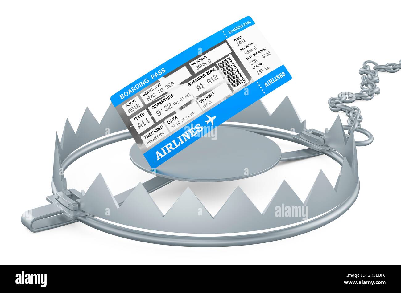 Boarding pass ticket inside bear trap, 3D rendering isolated on white background Stock Photo