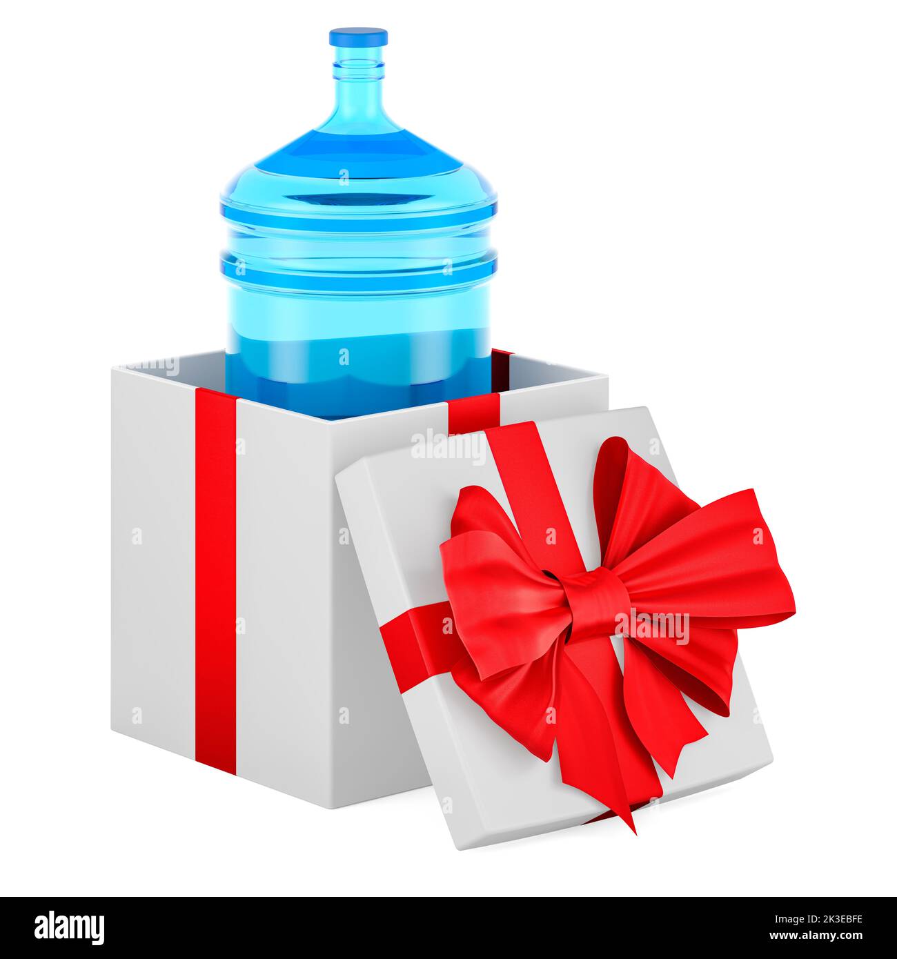 Bottled water inside gift box, present concept. 3D rendering isolated on white background Stock Photo