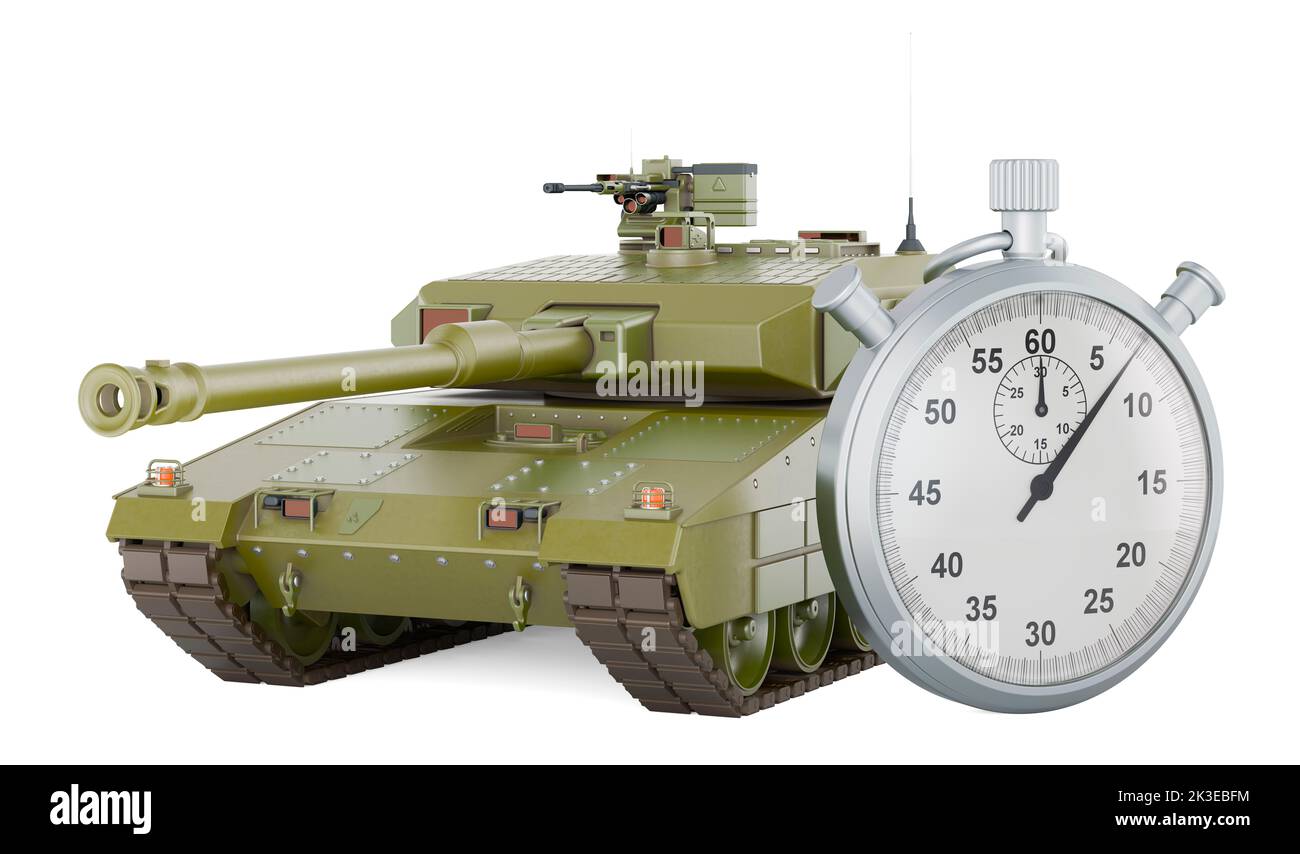 Battle tank with stopwatch. 3D rendering isolated on white background Stock Photo