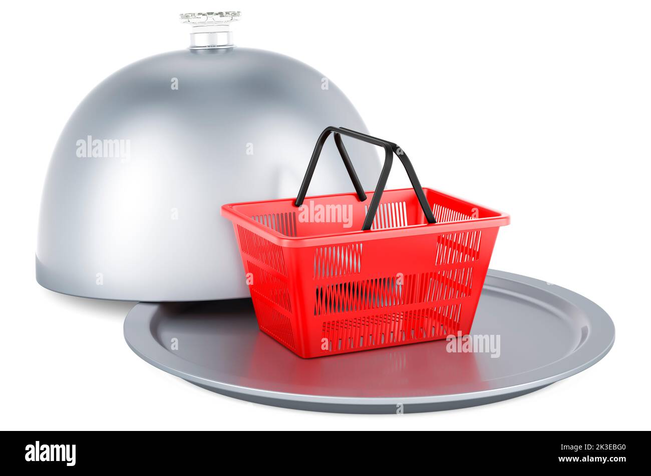 Restaurant cloche with shopping basket, 3D rendering isolated on white background Stock Photo