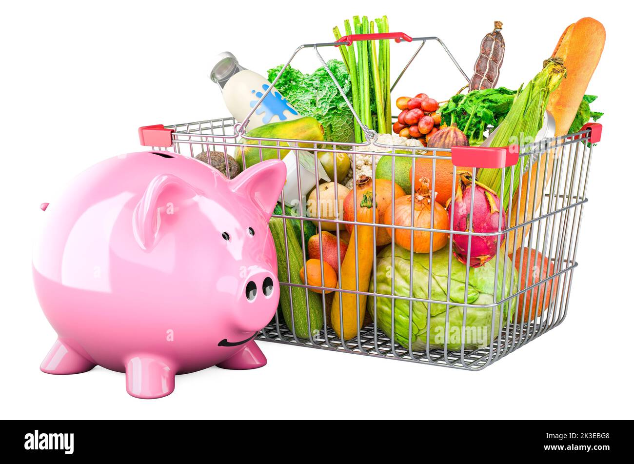 Piggy bank with shopping basket full of products. Savings concept, 3D rendering isolated on white background Stock Photo