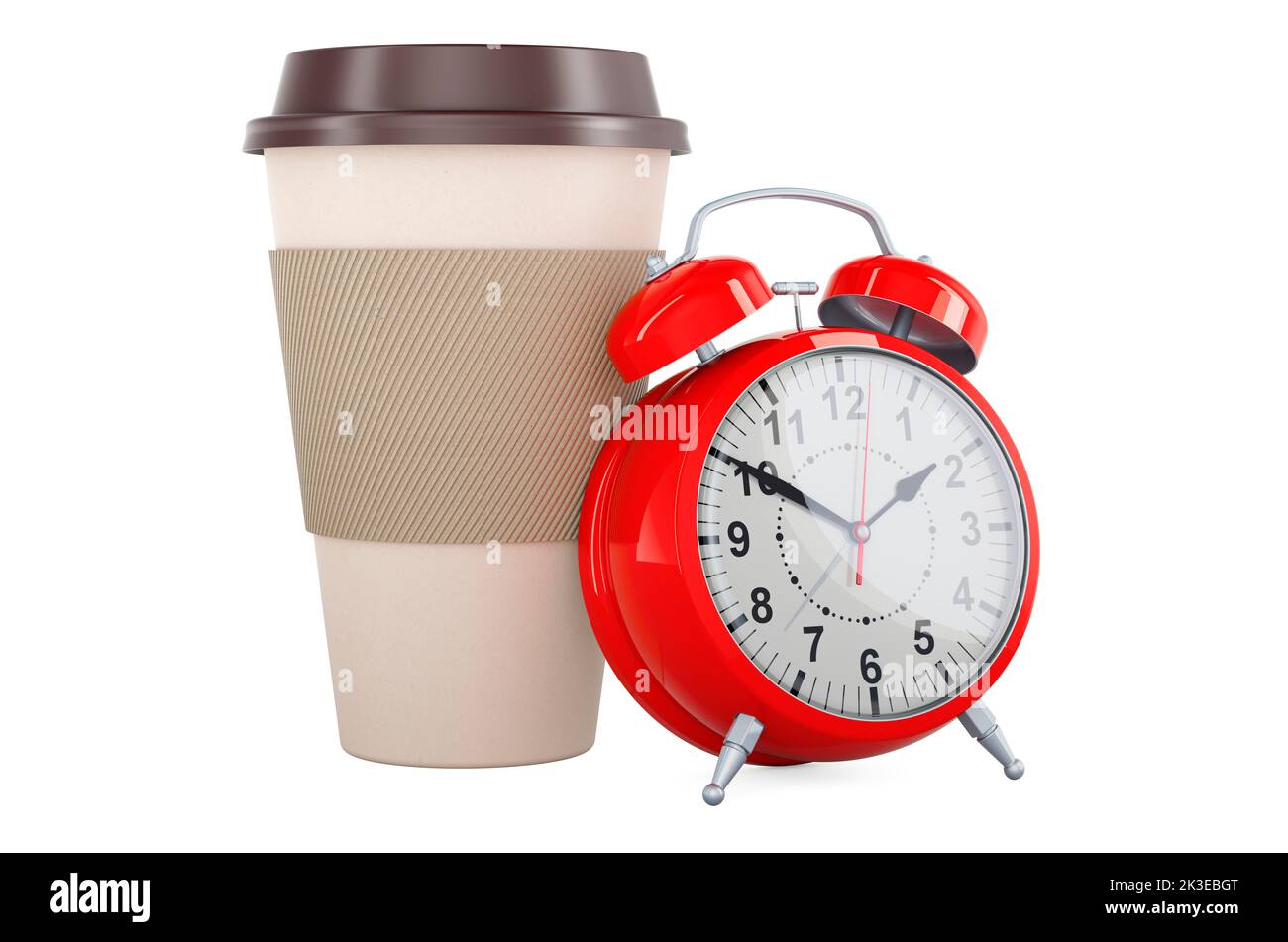 Disposable cup of hot drink with alarm clock. Coffee time concept. 3D rendering isolated on white background Stock Photo