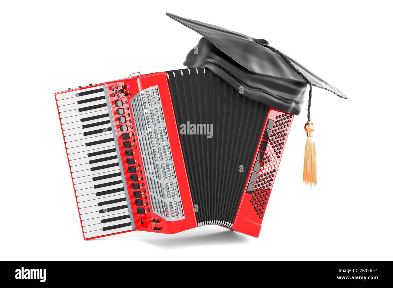 Piano accordion with graduation cap. Musical education concept. 3D rendering isolated on white background Stock Photo