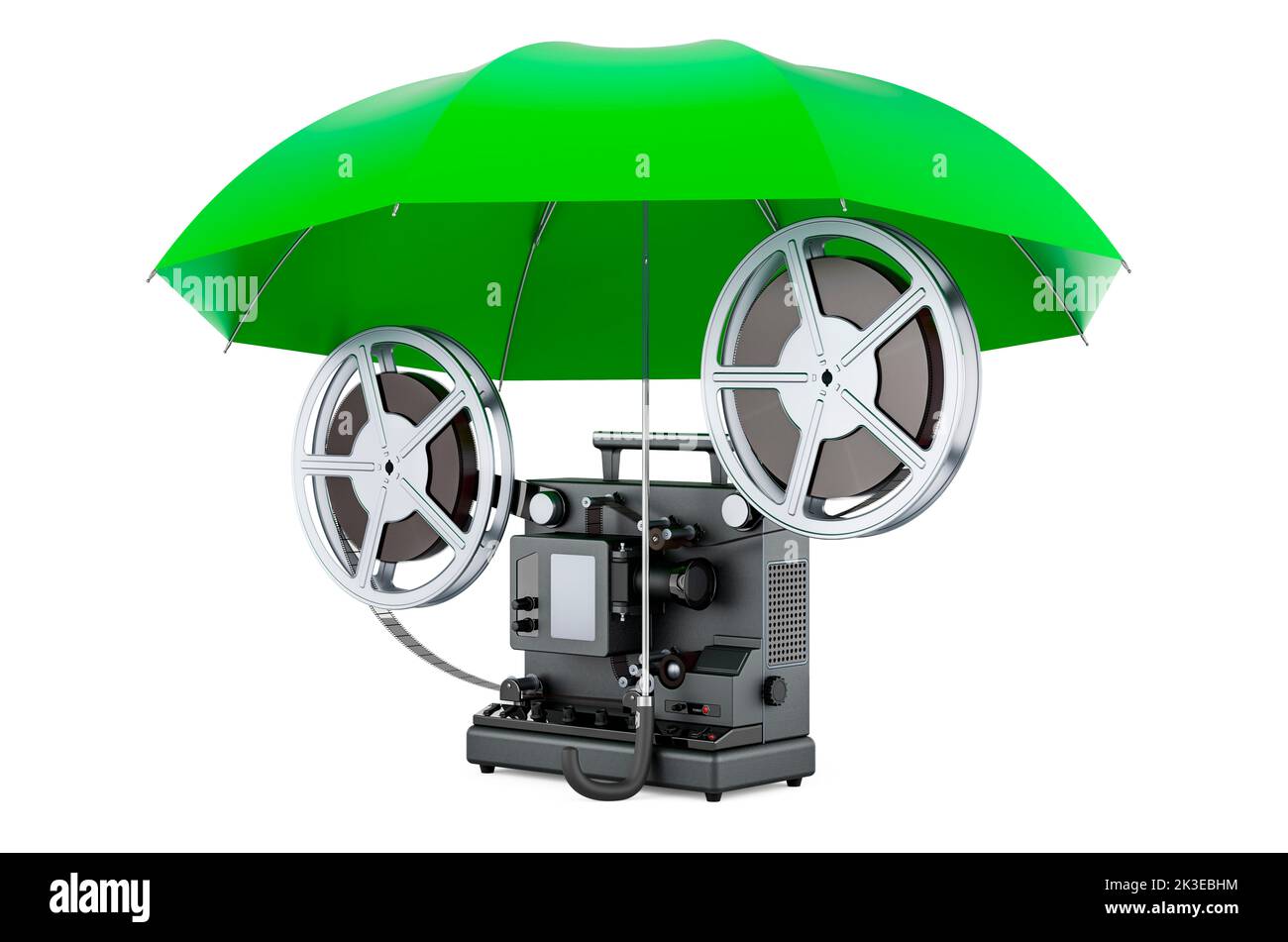 Film projector under umbrella, 3D rendering isolated on white background Stock Photo
