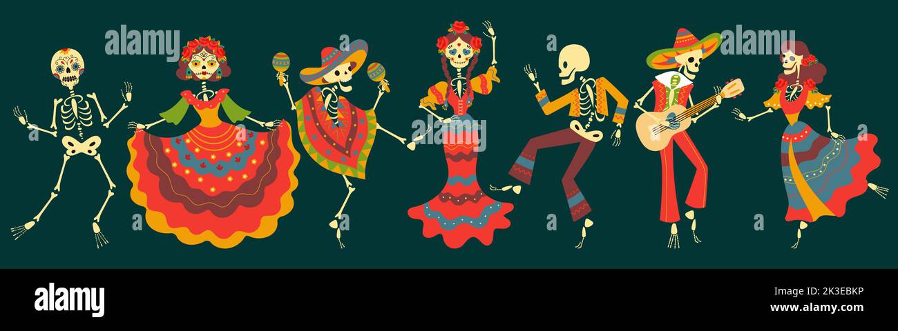 Dancing skeletons mexican festival characters. Skeleton jump and flamenco dance, day of dead or halloween spooky decorative nowaday vector symbols Stock Vector