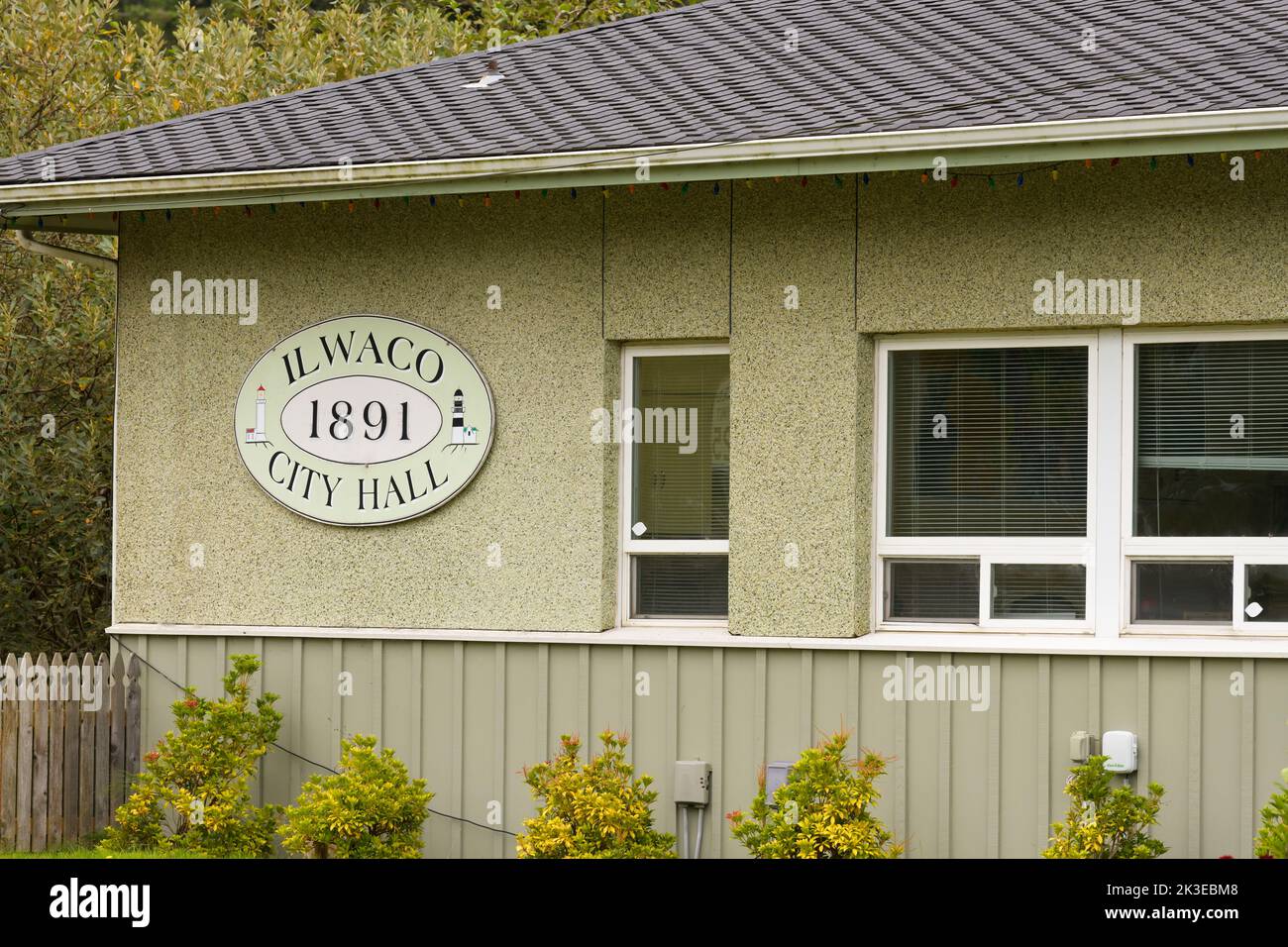 Ilwaco, WA, USA - September 21, 2022; City Hall sign at Ilwaco in Southwest Washington State on building Stock Photo