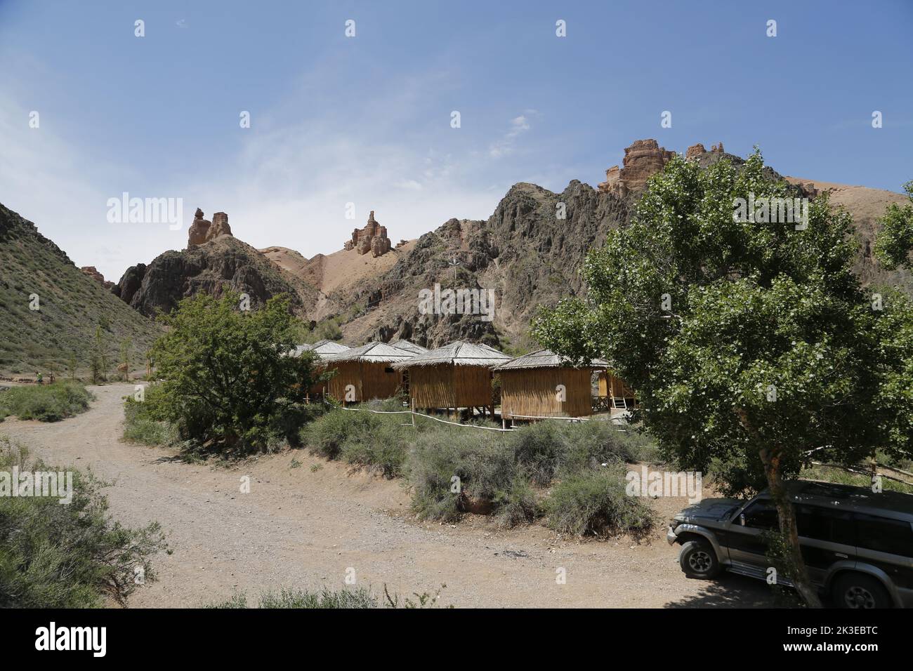 Camp on the bank of the river in Charyn Canyon National Park, Kazakhstan Stock Photo