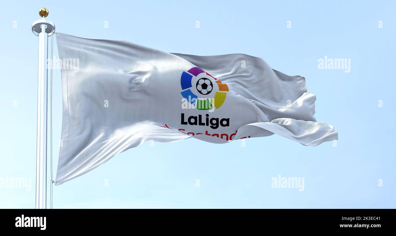 Madrid, SPA, July 2022: Close-up of the La Liga flag waving in the wind. La Liga is the men top professional football division of the Spanish football Stock Photo