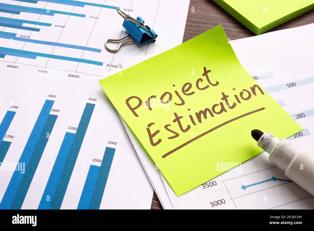 Papers with charts and graphs and sign project estimation Stock Photo